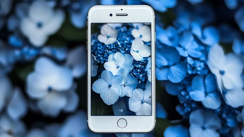 White Smartphone Displaying Blue Hydrangea Flowers Composition