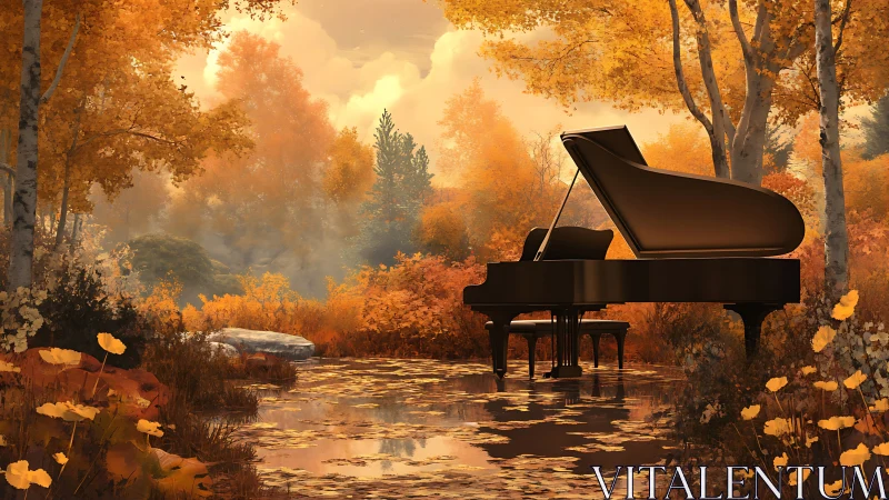 Grand piano levitating over reflective autumn woodland pool.