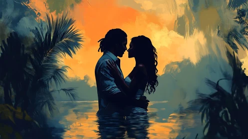 Silhouetted figures in water with tropical vegetation and sunset.