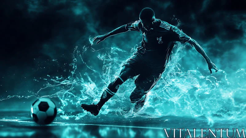 Neon splash motion study of a dynamic soccer striker silhouette.