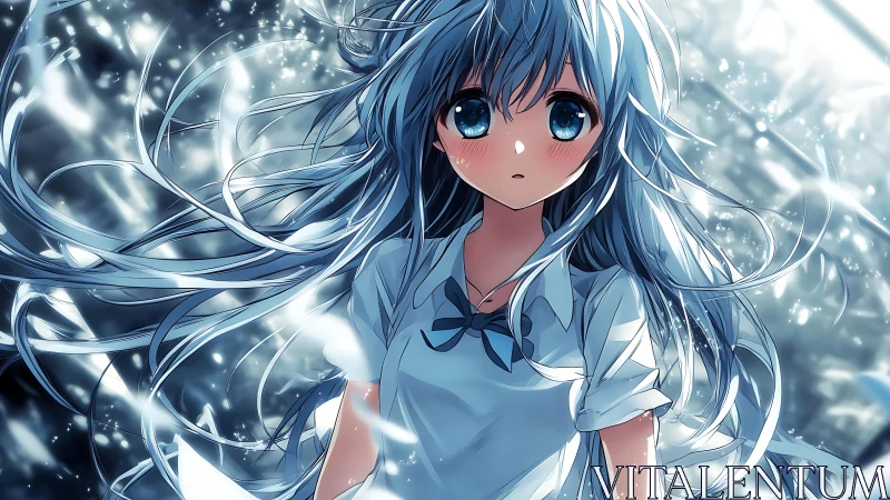 Blue-haired anime girl stands amid luminous drifting particles