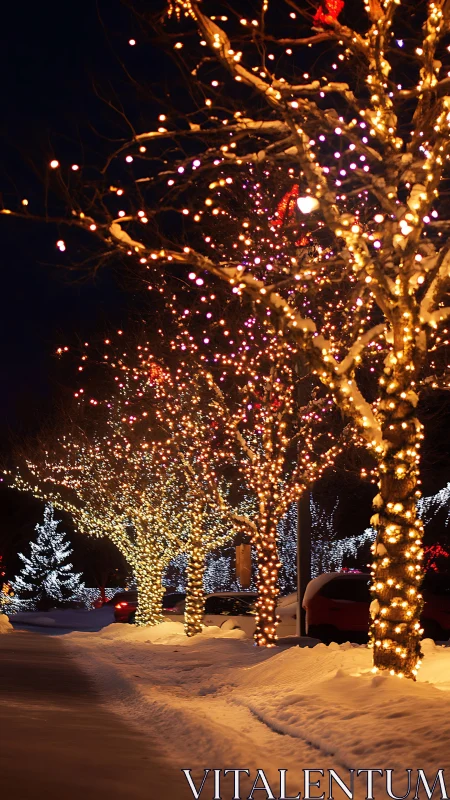 Snow-covered urban trees wrapped in dense warm LED string lights
