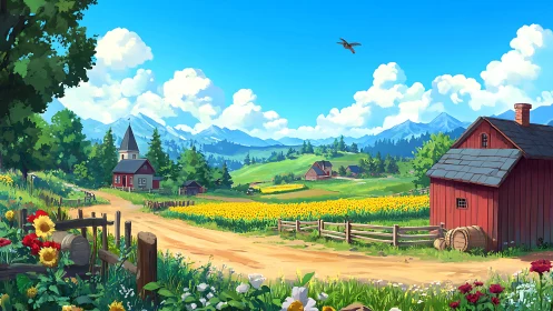 Sunlit country valley where red barns meet mountain skies.