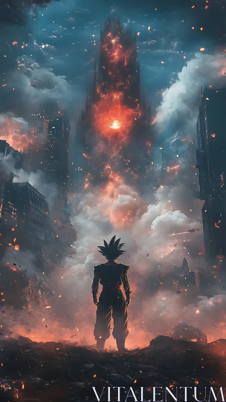 Silhouette of spiky haired figure facing burning towered ruin.