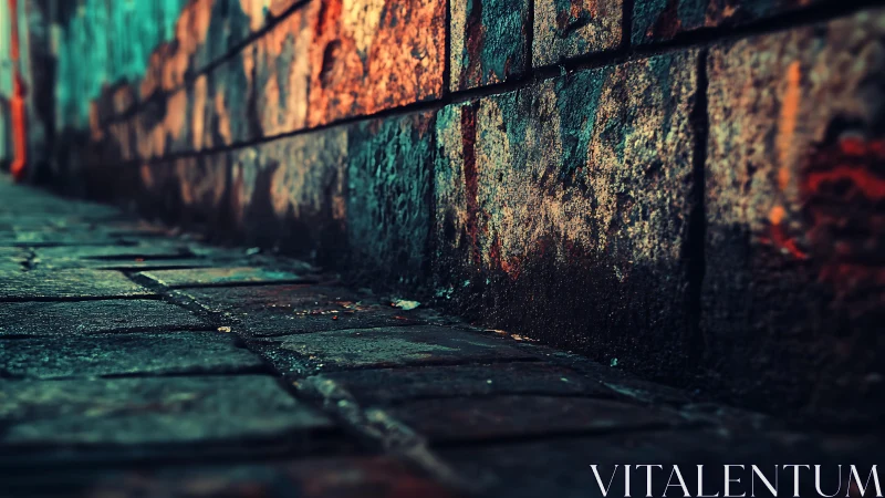 Urban stone wall and pavement close-up with moody lighting effect.