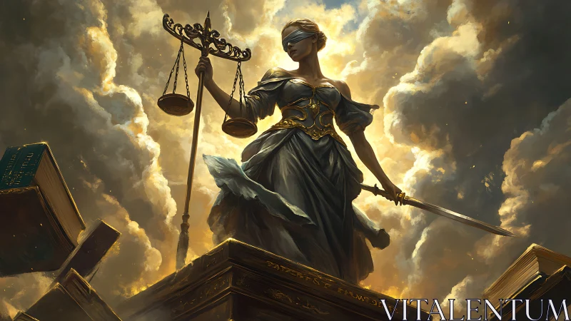 Blindfolded Lady Justice with scales and sword above clouds.