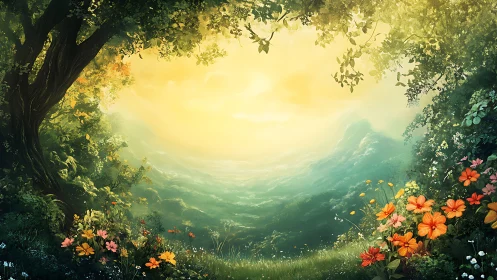 Sunlit valley dreams bloom beneath a whispering forest arch