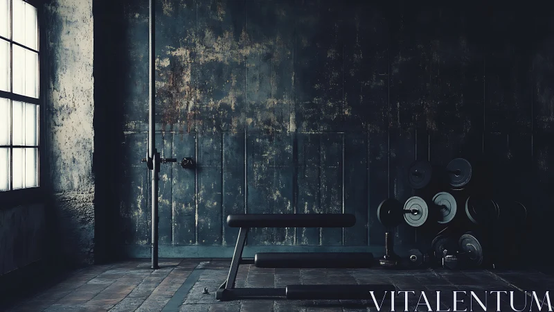 Industrial strength studio with moody window light and weights.