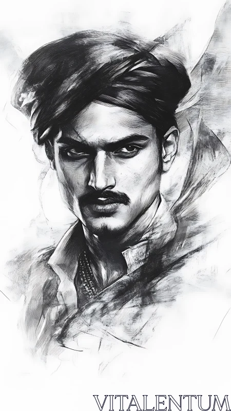 Intense turbaned portrait in dynamic ink strokes.