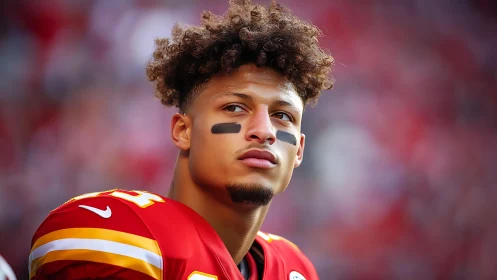 Close view of football player on sideline in red uniform.