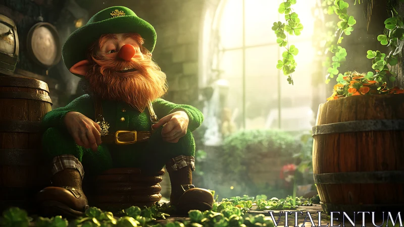 Leprechaun resting in volumetric clover-lit tavern corner.