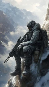 Lone tactical soldier rests on a sheer icy mountain ledge
