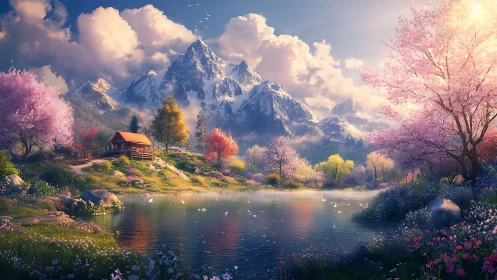 Gentle spring cabin by misty lake beneath snowy peaks.