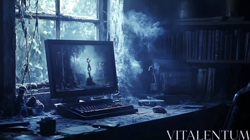 Dust-laden desktop workstation emits eerie volumetric blue smoke