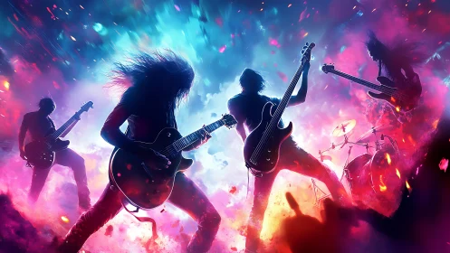 Neon rock band silhouettes explode through cosmic stage light.
