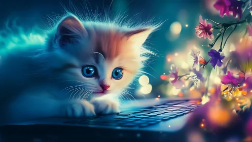 A Dreamy Kitten Among Glowing Flowers and Magic Light.