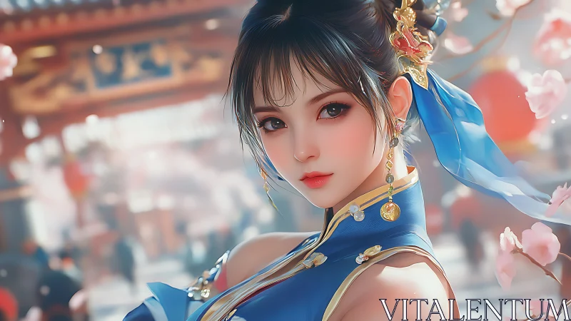 Spring market enchantress in blue silk and drifting petals.