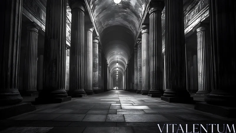 Stone colonnade swallowed by cinematic monochrome light.