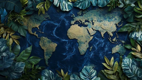 World map relief surrounded by dense tropical foliage