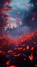 Glowing butterflies drift softly through a misty twilight forest