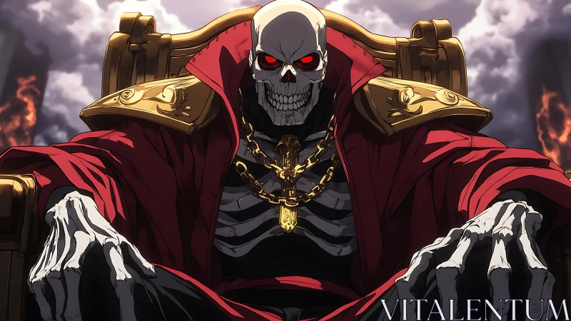 Skeletal overlord in red cloak sits on dark golden throne.