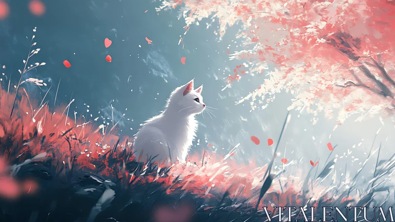 Luminous White Cat Amid Crimson Cherry Blossoms.