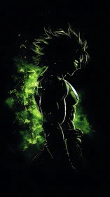 Silhouetted warrior radiates green explosive cosmic energy