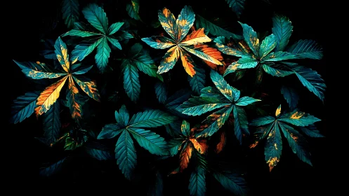 Iridescent tropical leaves glow against deep black void