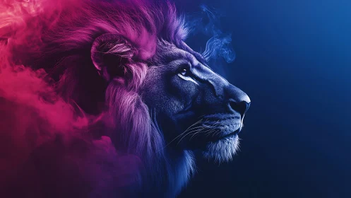 Bi-color neon lion profile in volumetric smoke lighting field.