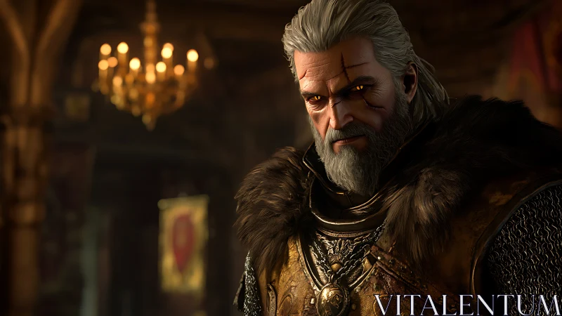 Scarred elder warrior in fur armor under warm chandelier.