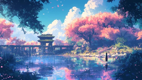 Digital painting of serene lakeside shrine under cherry canopy.