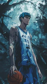 Nocturnal court sentinel in cyan-lit forestal atmosphere.