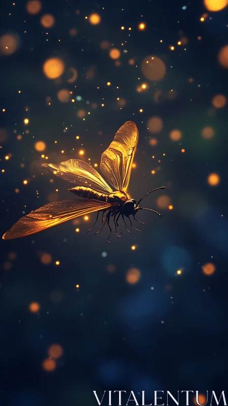 Luminous golden firefly drifts through a dreamy night sky.