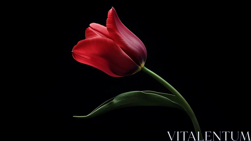 Red Tulip with Curved Green Stem Against Black Background