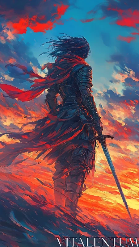 Armored warrior silhouetted against a blazing chromatic sky