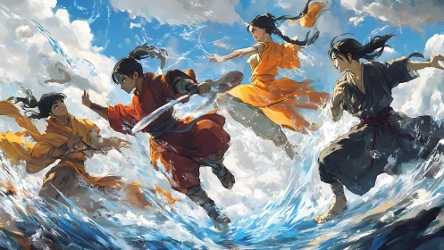 Four martial artists training over turbulent ocean waves.