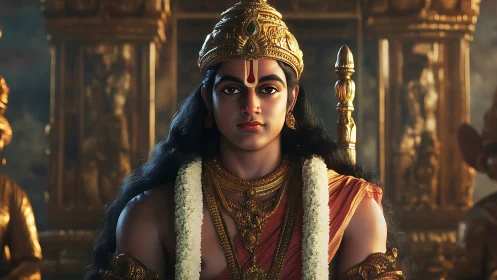 Regal figure in golden crown within ornate temple interior.