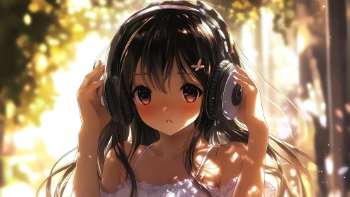 Soft-lit anime girl listening to music in golden bokeh glow.