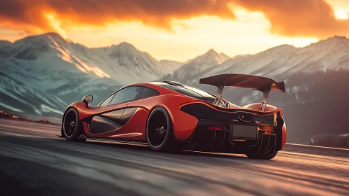 Photorealistic supercar profile against alpine sunset horizon.