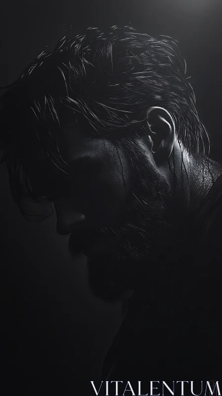 Side profile silhouette of wet haired bearded male figure.