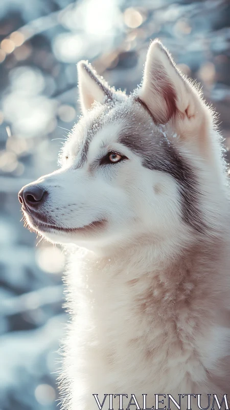 Siberian husky profile in soft winter daylight portrait.