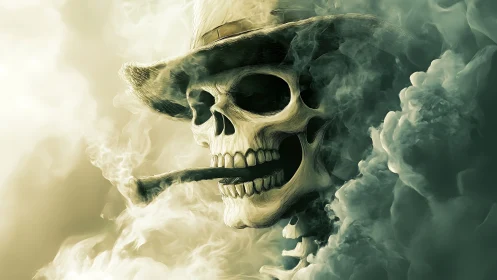 Smoky skull in a hat drifting through swirling misty clouds.