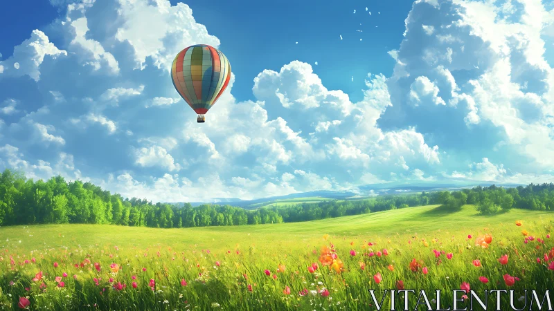 Digital pastoral landscape with hot air balloon and florals.