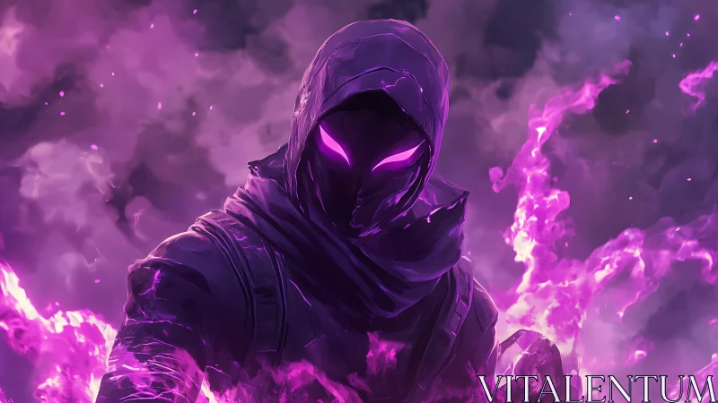 Hooded figure with violet energy and glowing eyes in smoke.