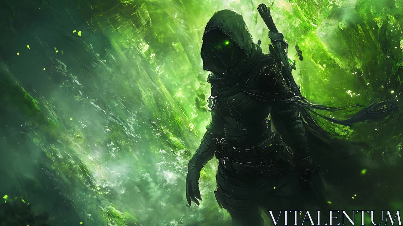 Emerald Shadow Ranger Stalking Through Luminous Forest Veil.