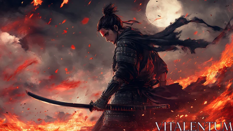 Lone samurai stands amid raging fire beneath a ruthless moon
