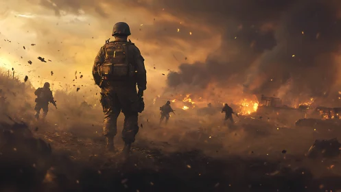 Armored infantry advance through burning battlefield haze.