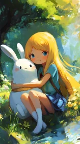 Sunlit meadow hug with a girl and her fluffy bunny friend.
