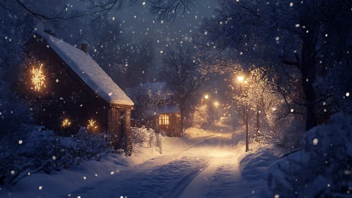 Snowy village lane glows with warm cottage and lamplight