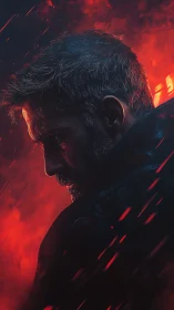 Side profile of male figure in red illuminated smoke.